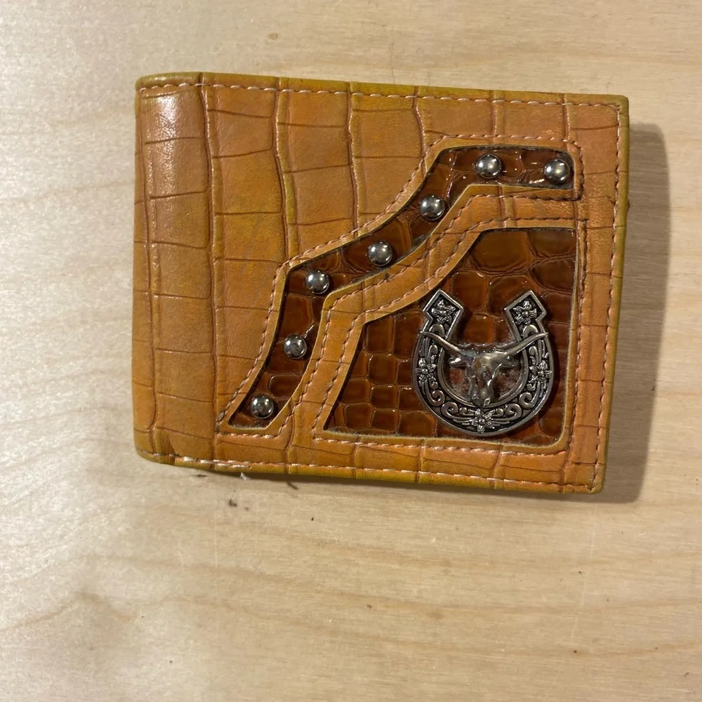 Western Themed Brown Leather Wallet with Silver Accents (MG)